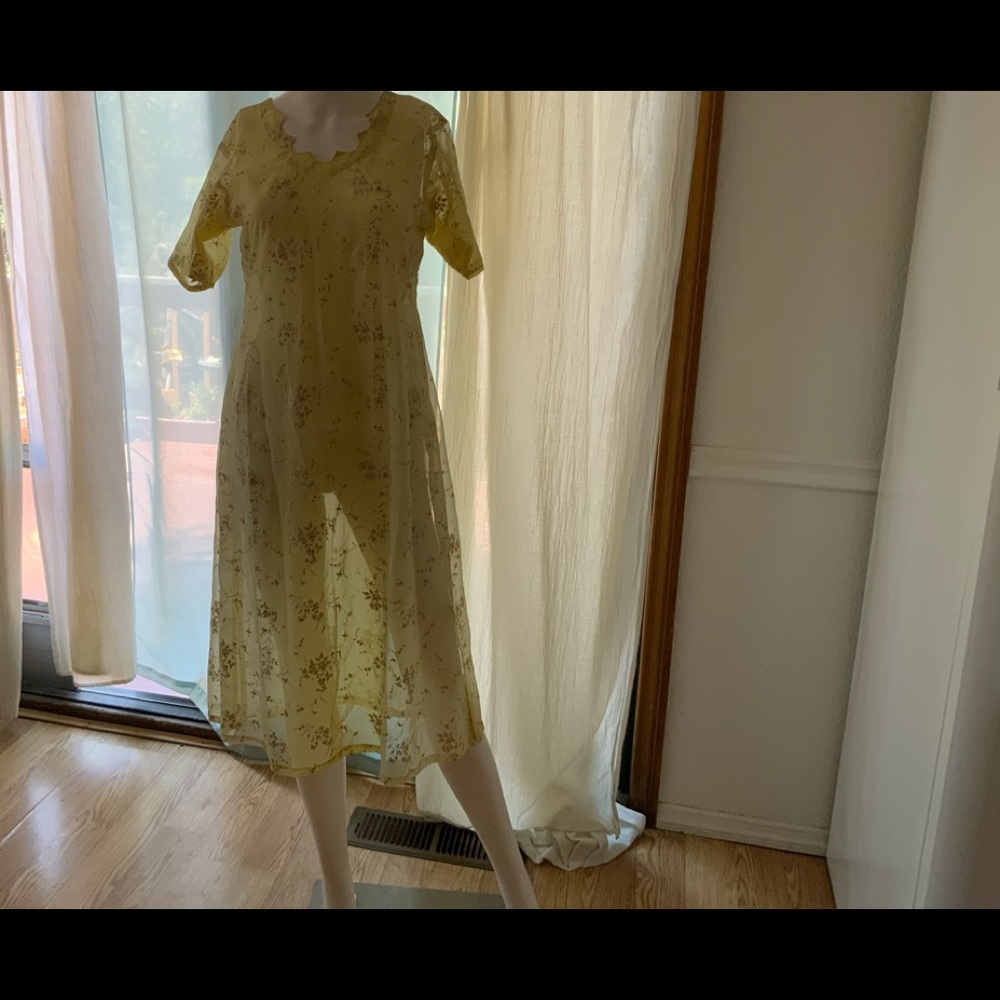 Sheer yellow floral hand-made vintage dress M/L